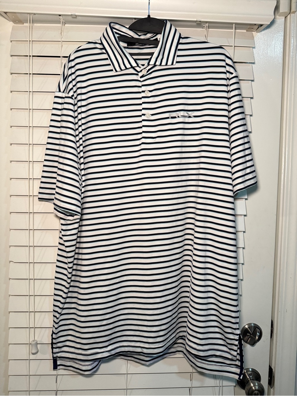 Ralph Lauren RLX Performance Golf Polo SZ LARGE White Dark Navy and Aqua